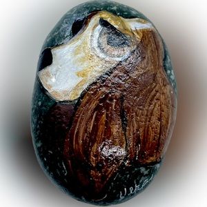 Hand crafted painted dog on natural black rock brown tan white puppy 3x2 inches